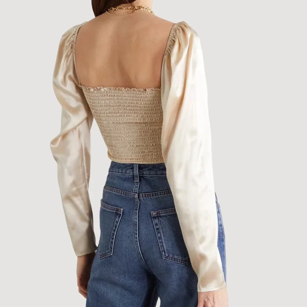 Reformation 100% Silk Roe Puff Sleeve Blouse Top Champagne Gold Minimalist Glam
